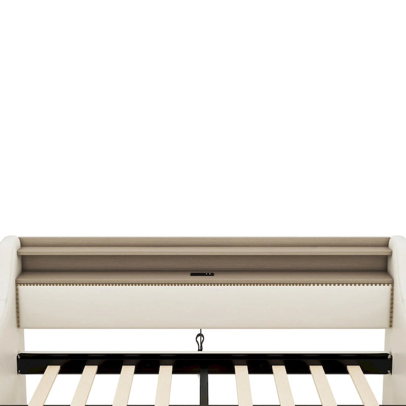 Lit de repos capitonné avec tiroirs de rangement, lumières LED, station de chargement, beige blanc