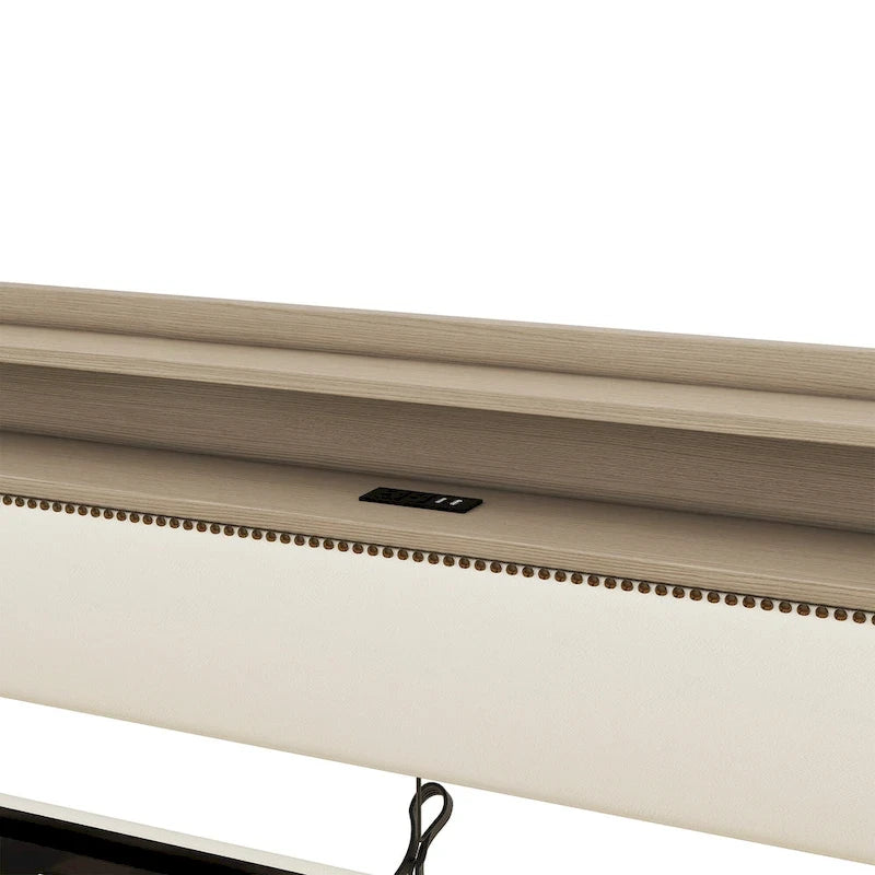 Lit de repos capitonné avec tiroirs de rangement, lumières LED, station de chargement, beige blanc