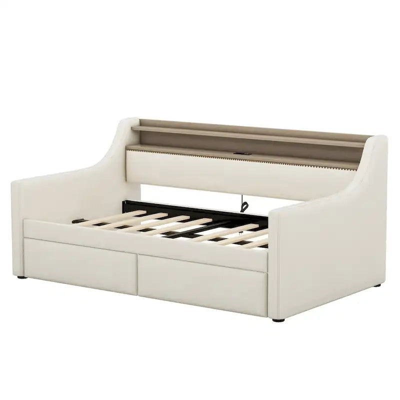 Lit de repos capitonné avec tiroirs de rangement, lumières LED, station de chargement, beige blanc