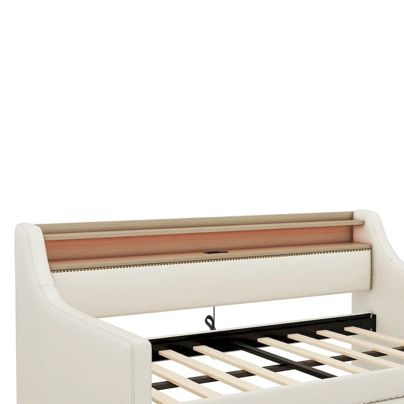 Lit de repos capitonné avec tiroirs de rangement, lumières LED, station de chargement, beige blanc