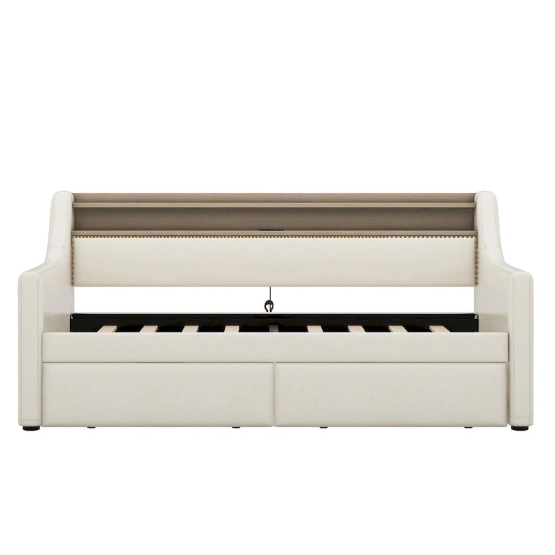 Lit de repos capitonné avec tiroirs de rangement, lumières LED, station de chargement, beige blanc