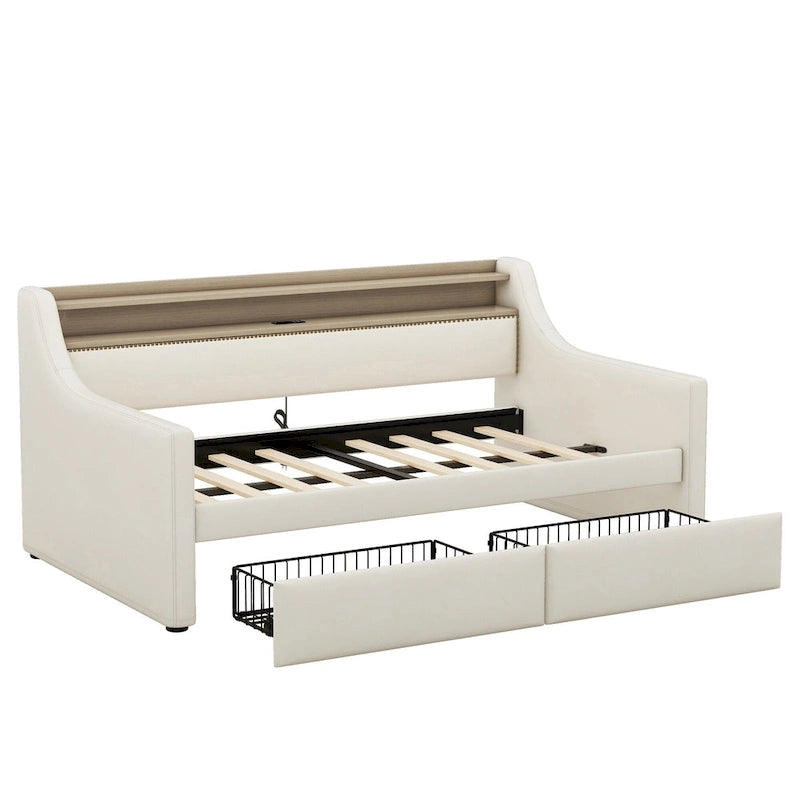 Lit de repos capitonné avec tiroirs de rangement, lumières LED, station de chargement, beige blanc
