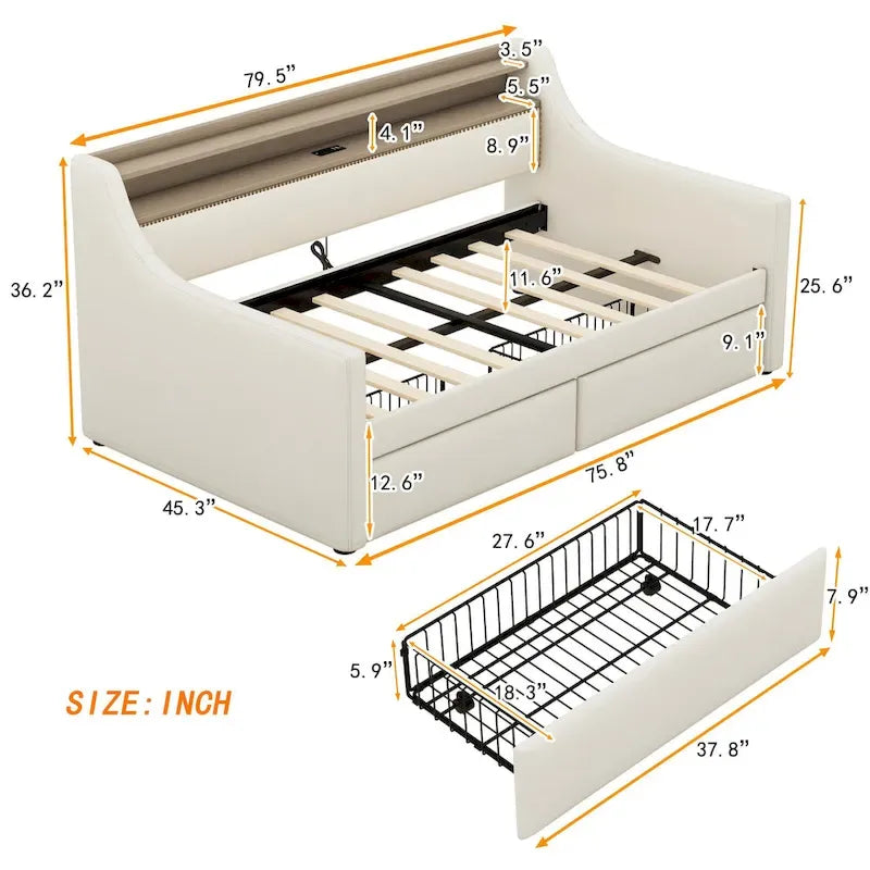 Lit de repos capitonné avec tiroirs de rangement, lumières LED, station de chargement, beige blanc