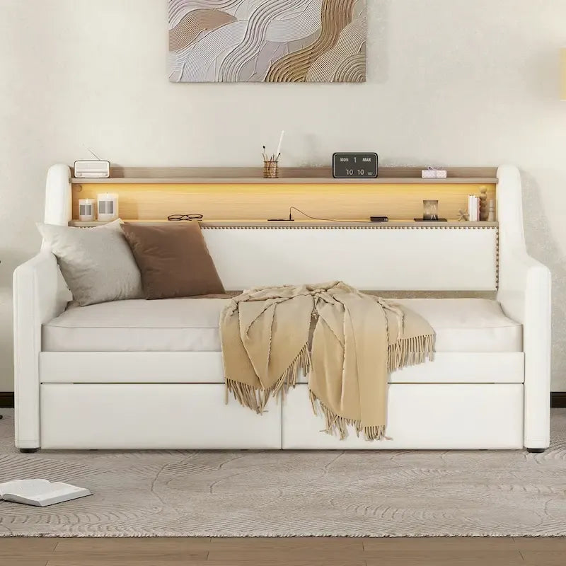Lit de repos capitonné avec tiroirs de rangement, lumières LED, station de chargement, beige blanc