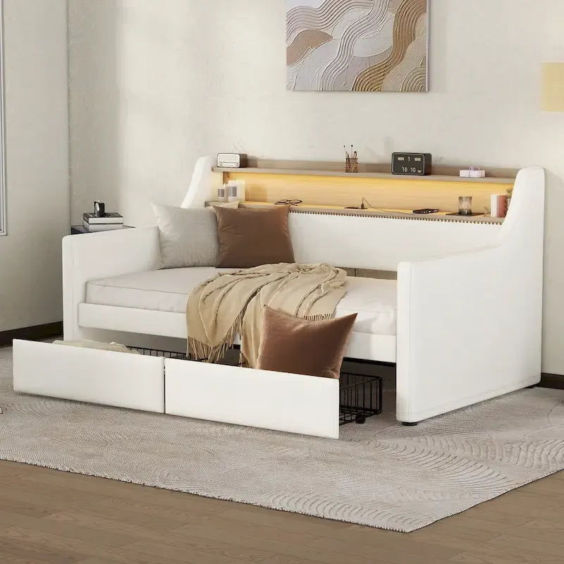 Lit de repos capitonné avec tiroirs de rangement, lumières LED, station de chargement, beige blanc