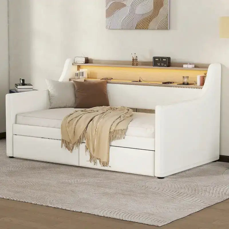 Lit de repos capitonné avec tiroirs de rangement, lumières LED, station de chargement, beige blanc