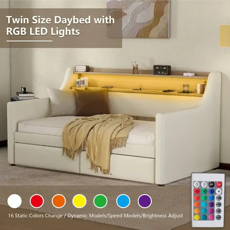 Lit de repos capitonné avec tiroirs de rangement, lumières LED, station de chargement, beige blanc