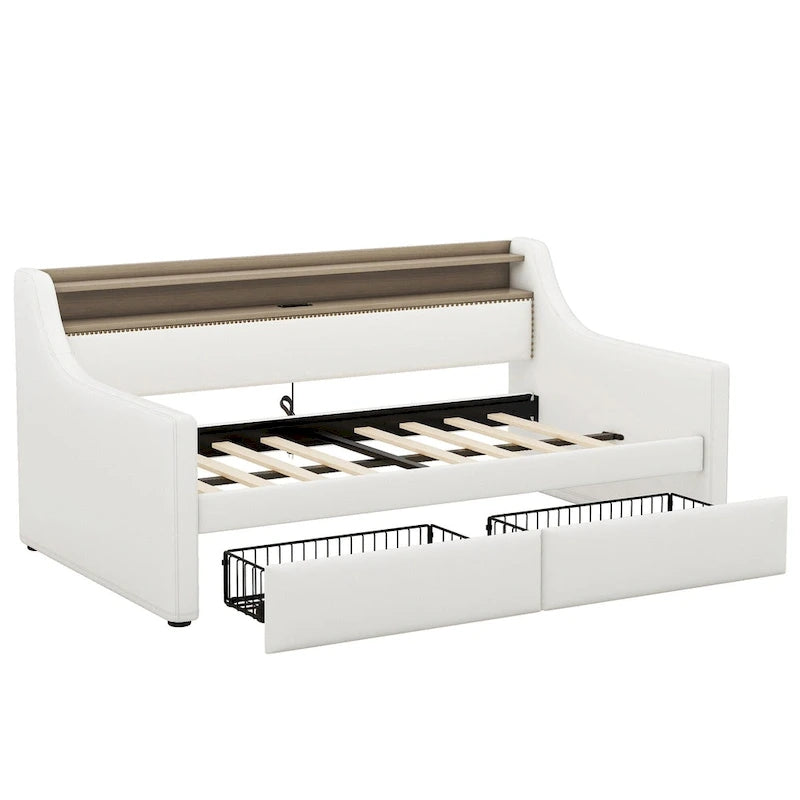 Lit de repos capitonné avec tiroirs de rangement, lumières LED, station de chargement, beige blanc