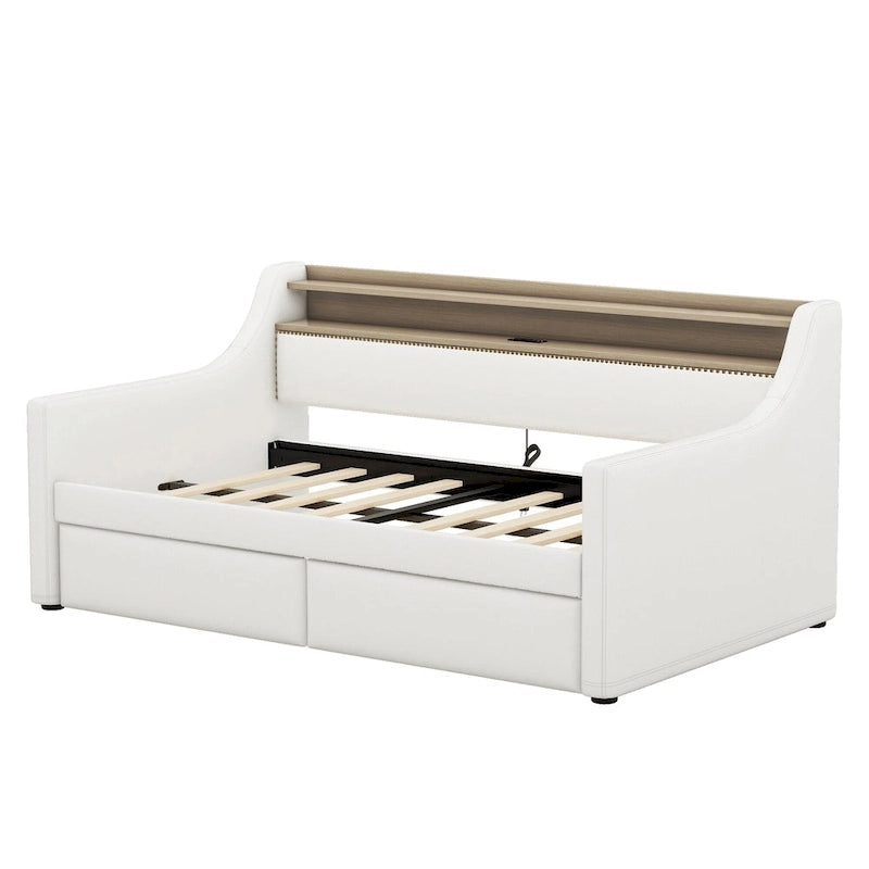 Lit de repos capitonné avec tiroirs de rangement, lumières LED, station de chargement, beige blanc