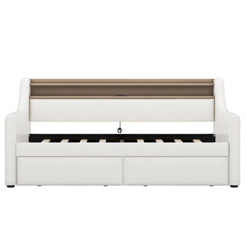 Lit de repos capitonné avec tiroirs de rangement, lumières LED, station de chargement, beige blanc