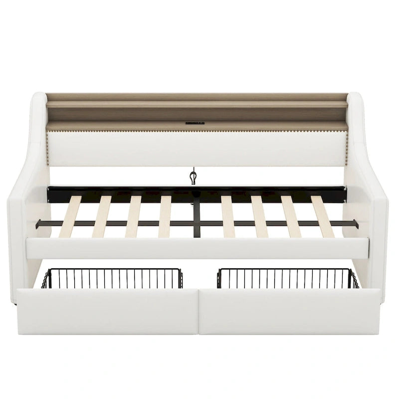 Lit de repos capitonné avec tiroirs de rangement, lumières LED, station de chargement, beige blanc
