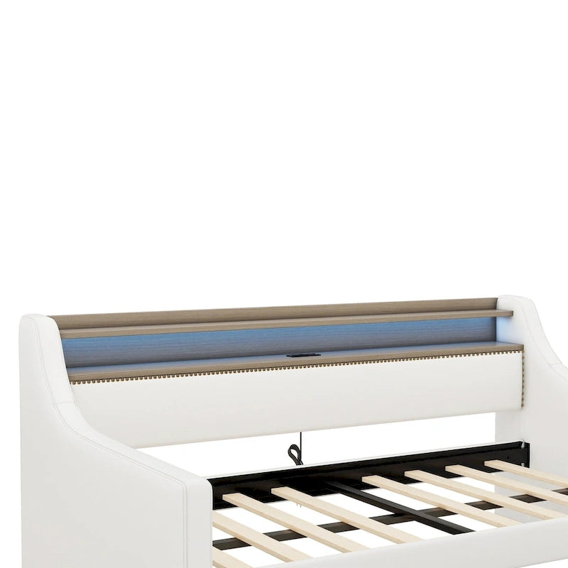 Lit de repos capitonné avec tiroirs de rangement, lumières LED, station de chargement, beige blanc