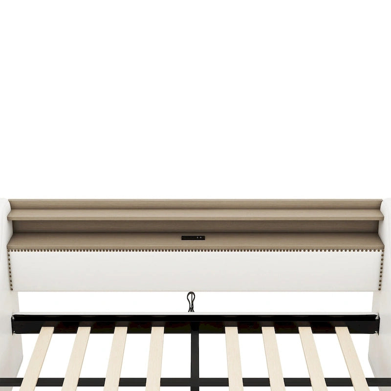 Lit de repos capitonné avec tiroirs de rangement, lumières LED, station de chargement, beige blanc