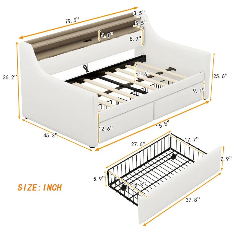 Lit de repos capitonné avec tiroirs de rangement, lumières LED, station de chargement, beige blanc