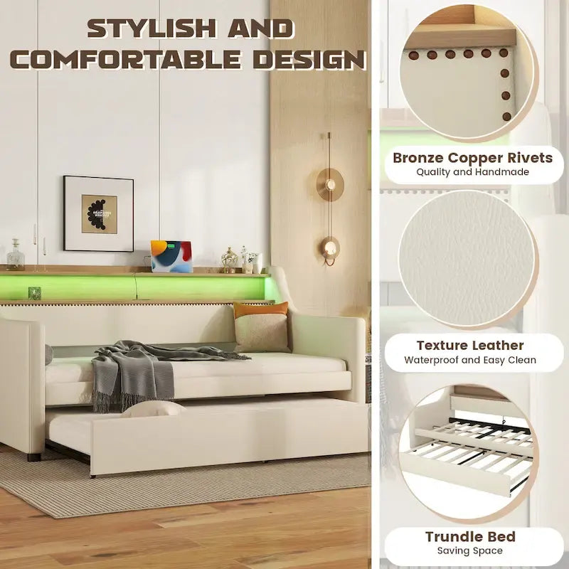 Lit de repos rembourré en cuir PU avec lumières LED, port de chargement USB et tête de lit de rangement