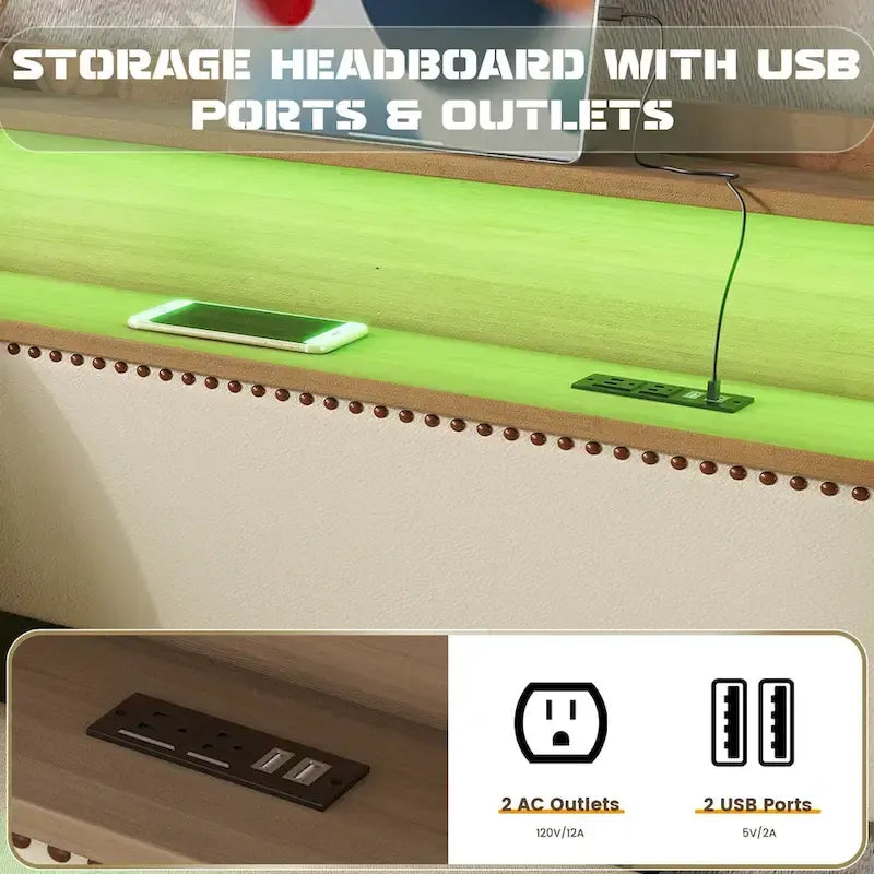 Lit de repos rembourré en cuir PU avec lumières LED, port de chargement USB et tête de lit de rangement