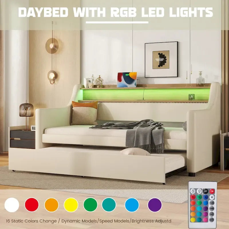 Lit de repos rembourré en cuir PU avec lumières LED, port de chargement USB et tête de lit de rangement