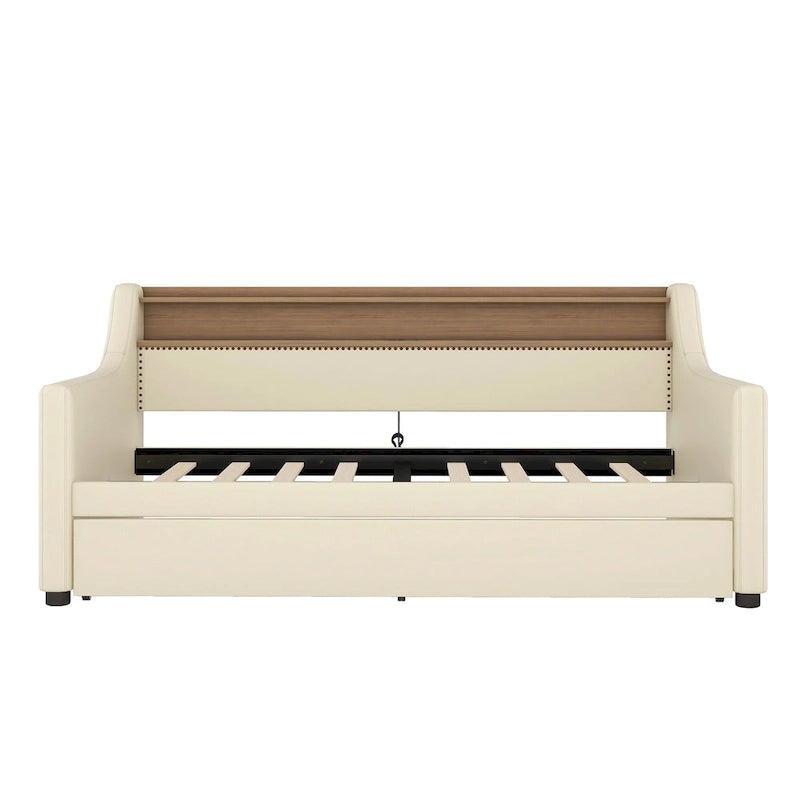 Lit de repos rembourré en cuir PU avec lumières LED, port de chargement USB et tête de lit de rangement