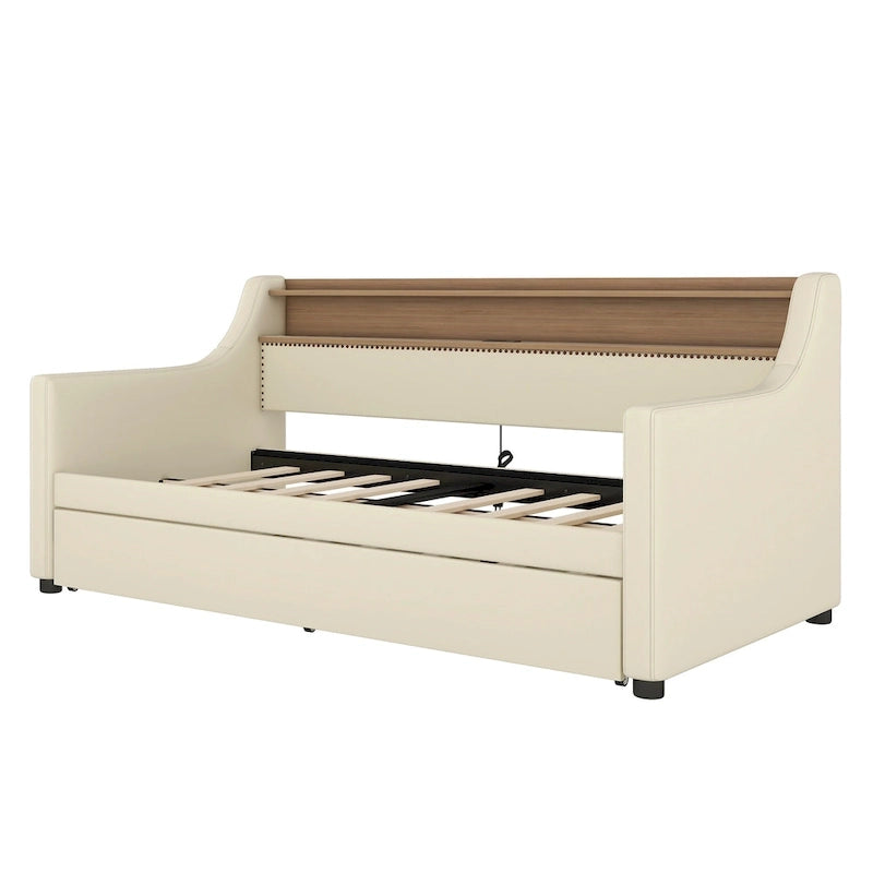 Lit de repos rembourré en cuir PU avec lumières LED, port de chargement USB et tête de lit de rangement