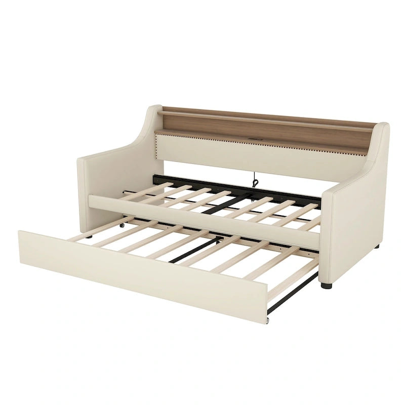Lit de repos rembourré en cuir PU avec lumières LED, port de chargement USB et tête de lit de rangement