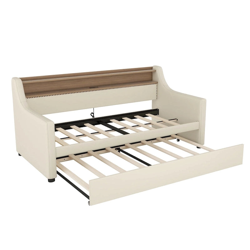 Lit de repos rembourré en cuir PU avec lumières LED, port de chargement USB et tête de lit de rangement