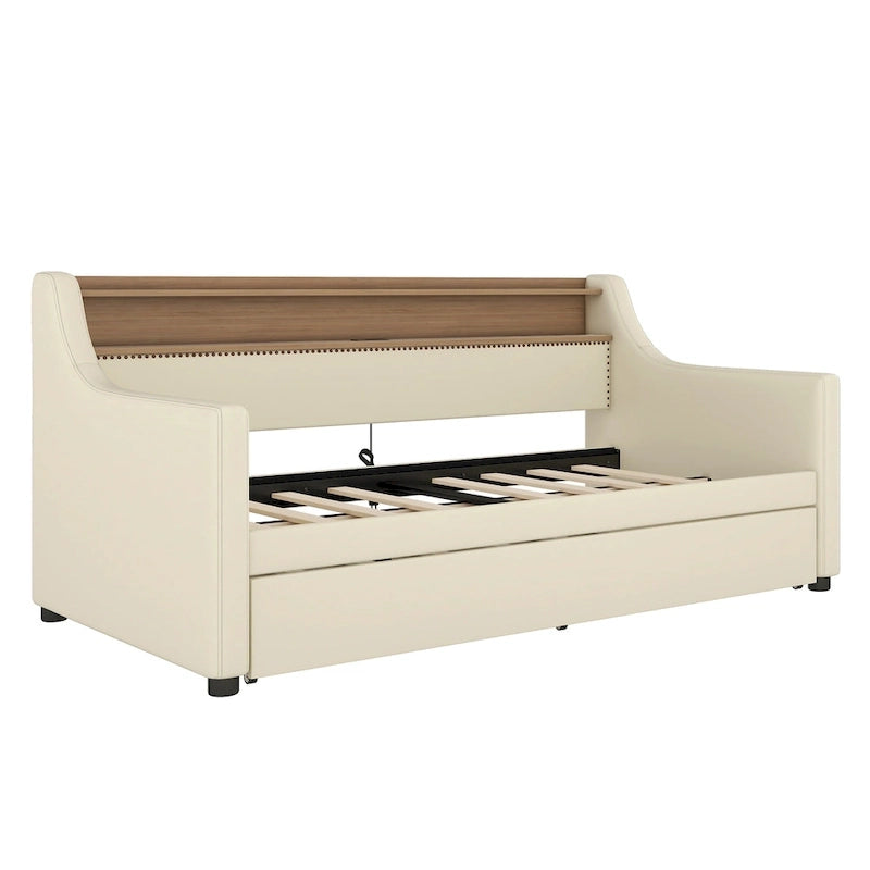 Lit de repos rembourré en cuir PU avec lumières LED, port de chargement USB et tête de lit de rangement