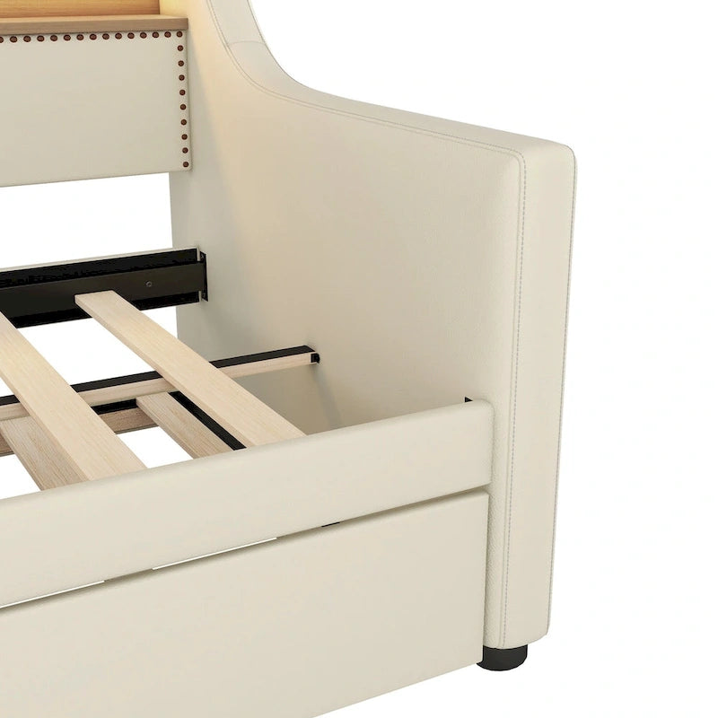 Lit de repos rembourré en cuir PU avec lumières LED, port de chargement USB et tête de lit de rangement