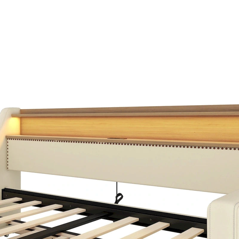 Lit de repos rembourré en cuir PU avec lumières LED, port de chargement USB et tête de lit de rangement