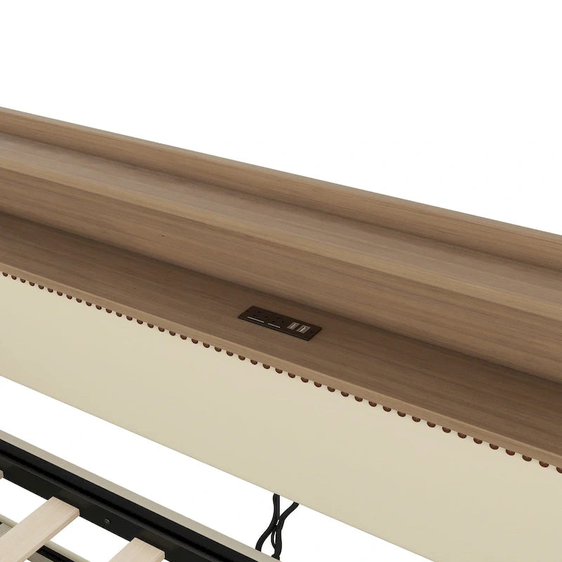 Lit de repos rembourré en cuir PU avec lumières LED, port de chargement USB et tête de lit de rangement