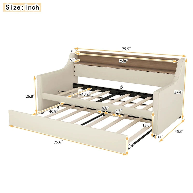 Lit de repos rembourré en cuir PU avec lumières LED, port de chargement USB et tête de lit de rangement