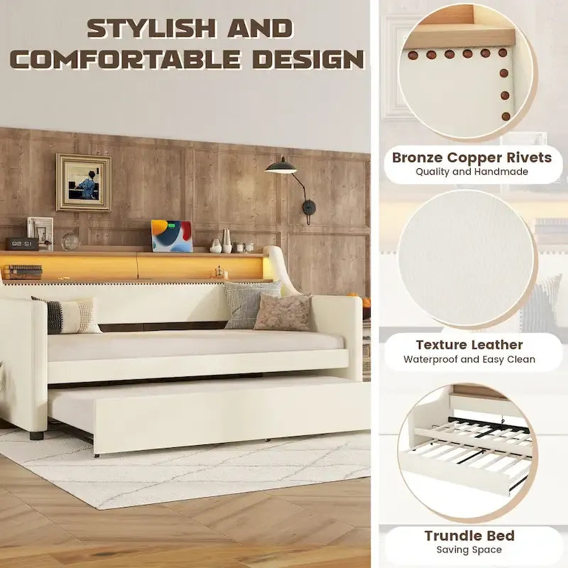 Lit de repos rembourré en cuir PU avec lumières LED, port de chargement USB et tête de lit de rangement