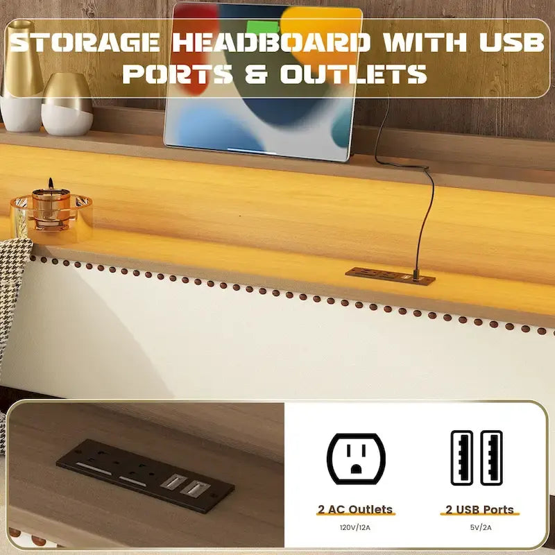 Lit de repos rembourré en cuir PU avec lumières LED, port de chargement USB et tête de lit de rangement