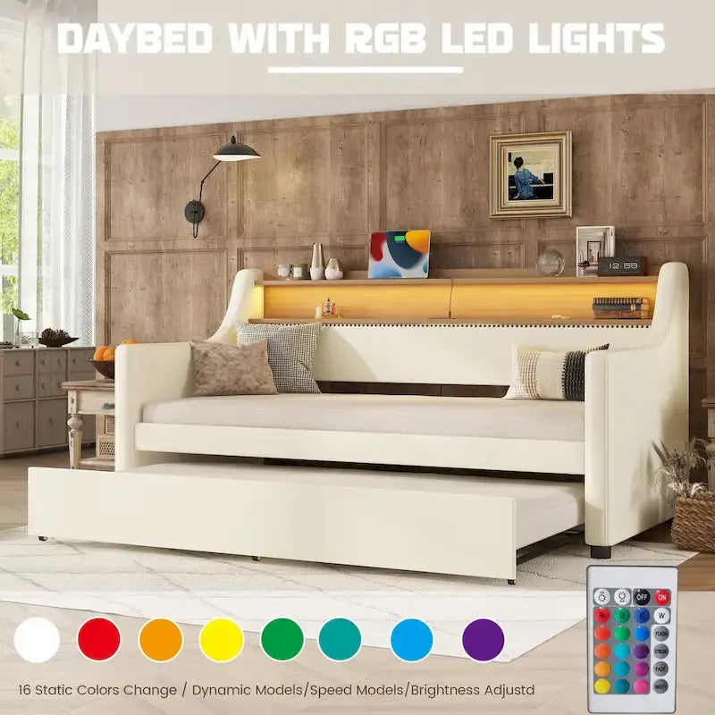 Lit de repos rembourré en cuir PU avec lumières LED, port de chargement USB et tête de lit de rangement