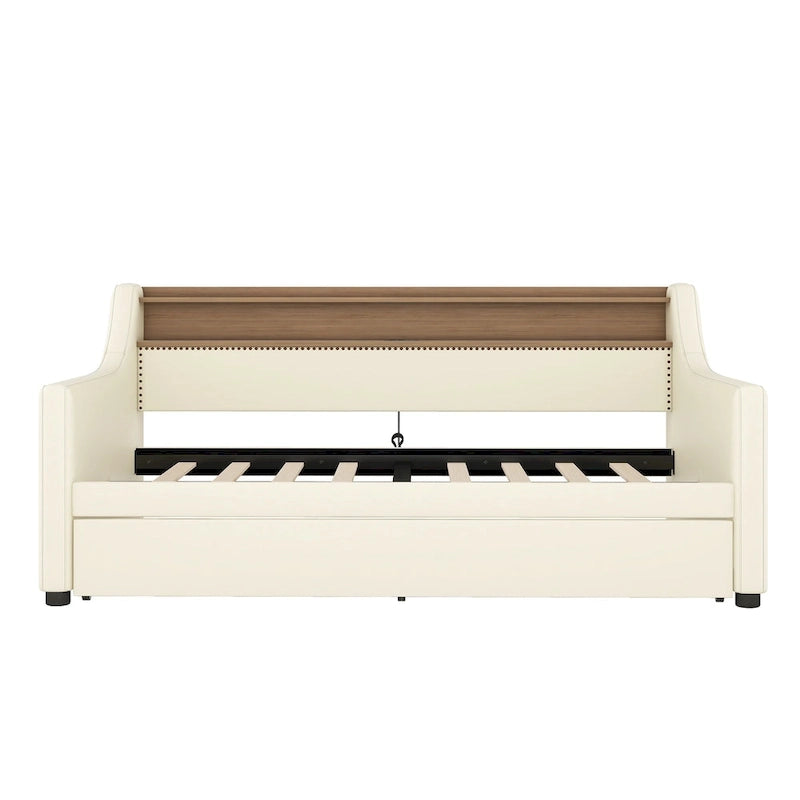 Lit de repos rembourré en cuir PU avec lumières LED, port de chargement USB et tête de lit de rangement