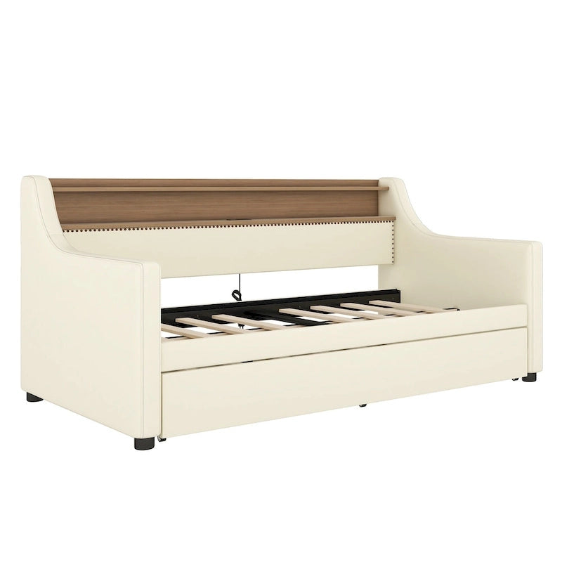 Lit de repos rembourré en cuir PU avec lumières LED, port de chargement USB et tête de lit de rangement