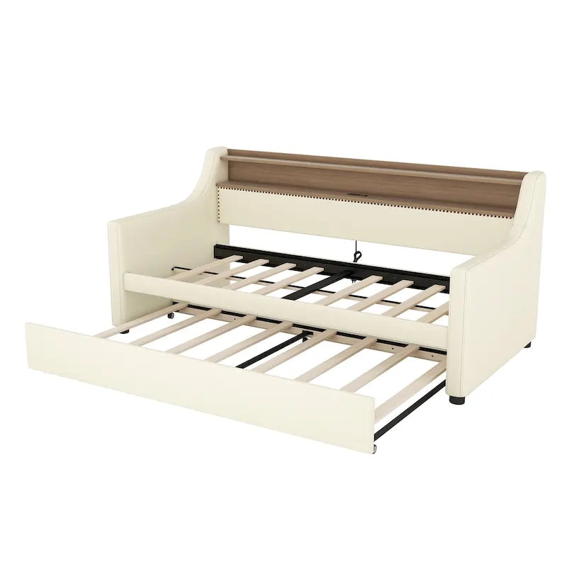 Lit de repos rembourré en cuir PU avec lumières LED, port de chargement USB et tête de lit de rangement
