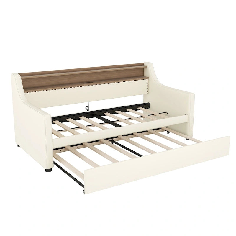 Lit de repos rembourré en cuir PU avec lumières LED, port de chargement USB et tête de lit de rangement
