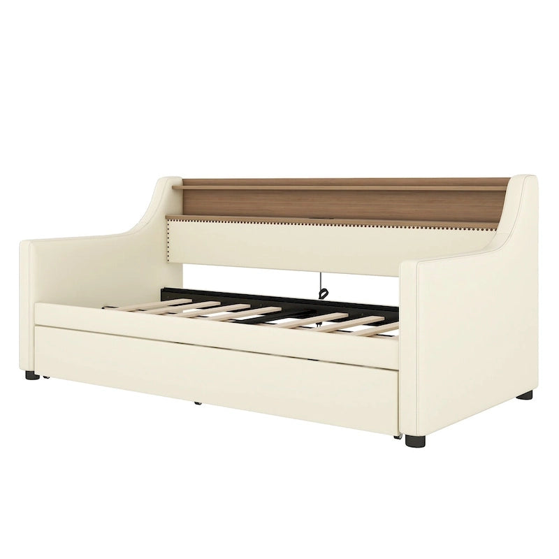 Lit de repos rembourré en cuir PU avec lumières LED, port de chargement USB et tête de lit de rangement