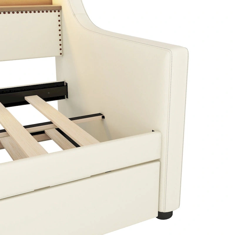 Lit de repos rembourré en cuir PU avec lumières LED, port de chargement USB et tête de lit de rangement