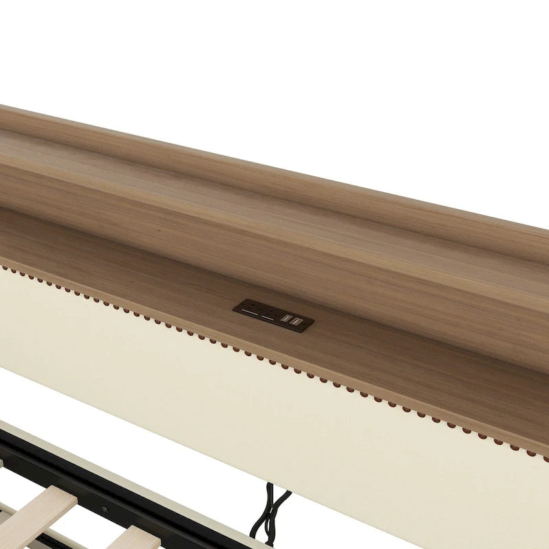 Lit de repos rembourré en cuir PU avec lumières LED, port de chargement USB et tête de lit de rangement