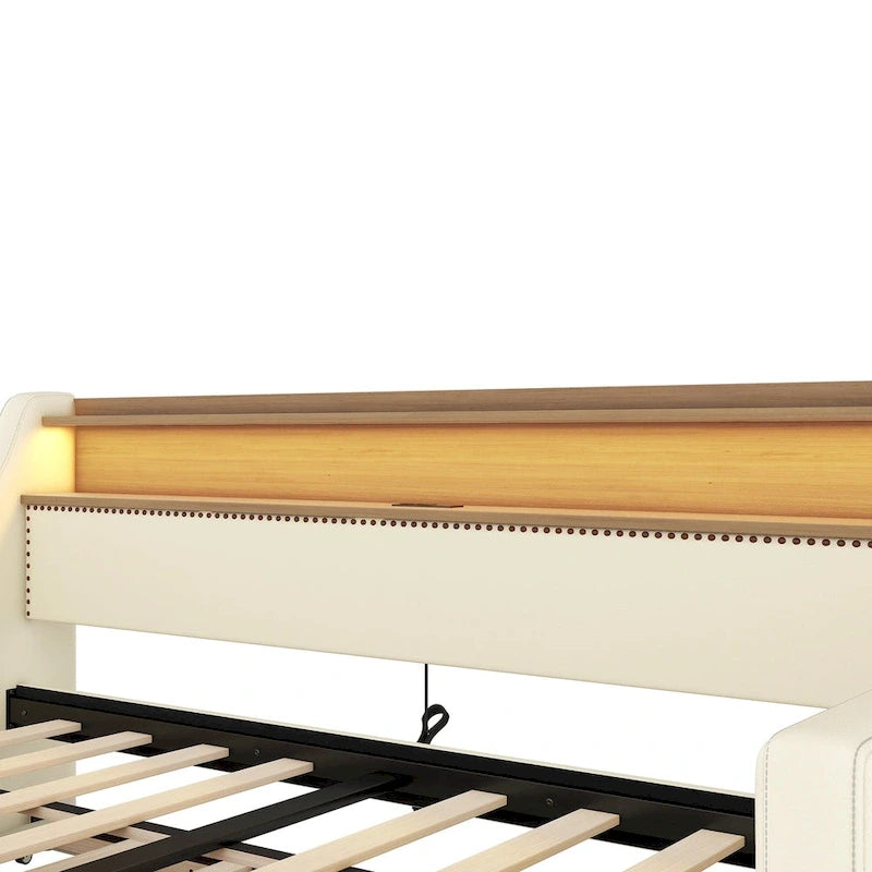 Lit de repos rembourré en cuir PU avec lumières LED, port de chargement USB et tête de lit de rangement