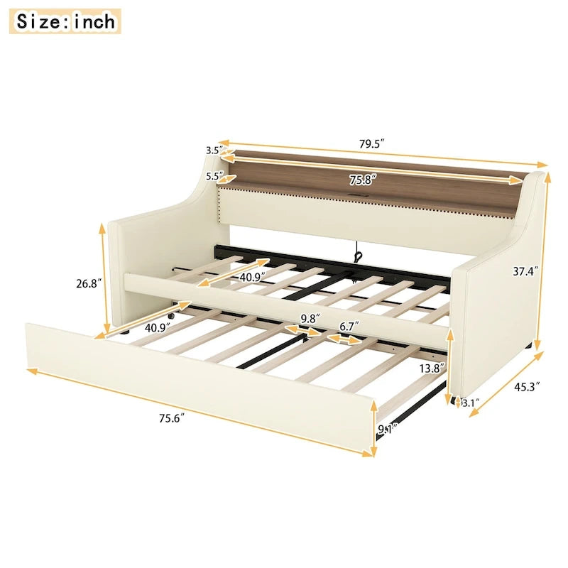 Lit de repos rembourré en cuir PU avec lumières LED, port de chargement USB et tête de lit de rangement