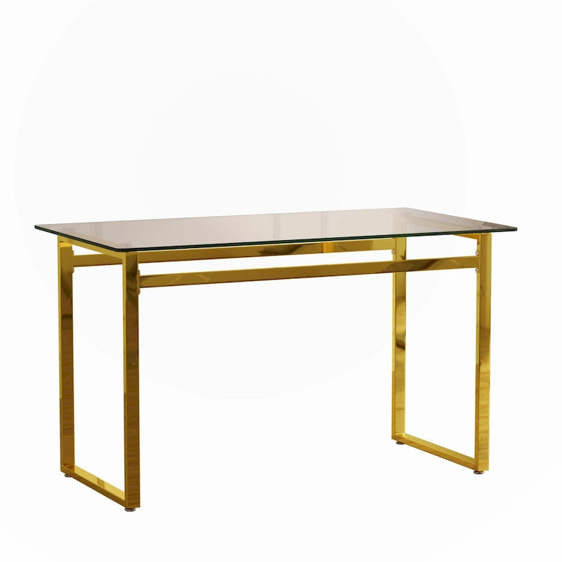 Table à manger rectangulaire en verre trempé pieds en métal doré moderne