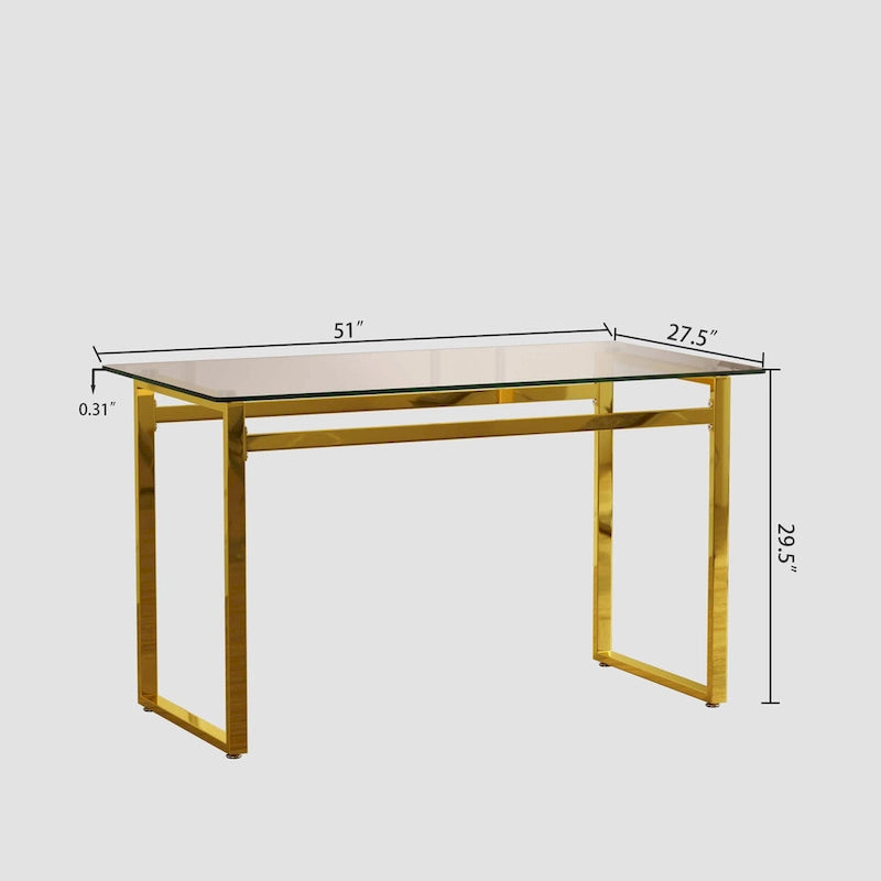 Table à manger rectangulaire en verre trempé pieds en métal doré moderne