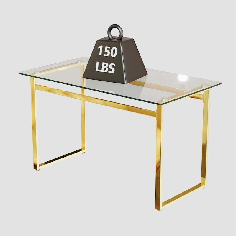 Table à manger rectangulaire en verre trempé pieds en métal doré moderne