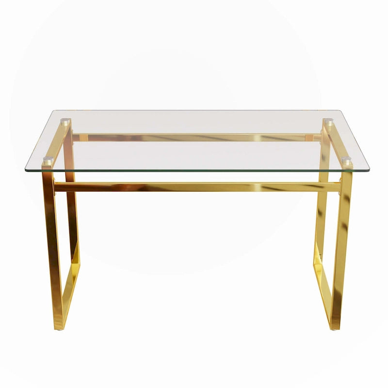 Table à manger rectangulaire en verre trempé pieds en métal doré moderne