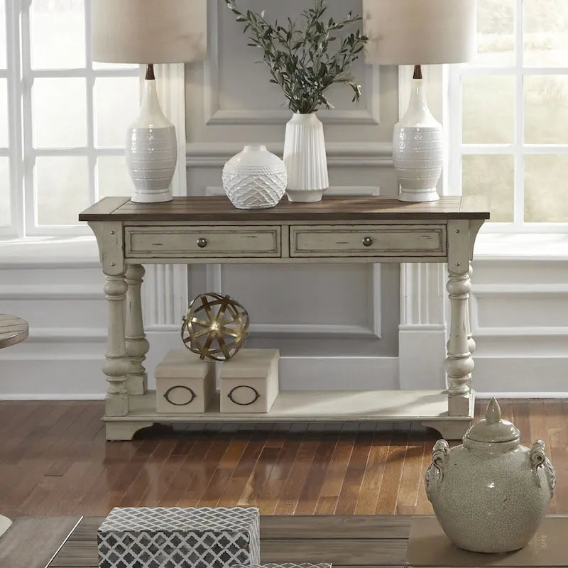 Table de canapé Morgan Creek antique blanc brossé et accents couleur tabac