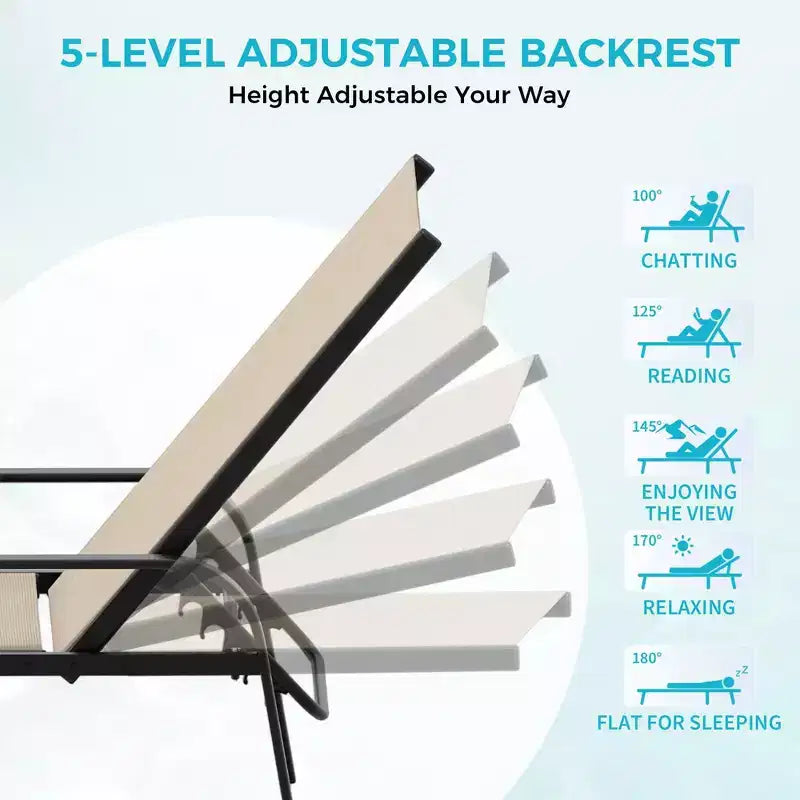 Lot de 2 chaises longues de jardin, transat inclinable réglable sur 5 positions, tissu Textilène, chaise longue de piscine de 193 cm pour terrasse, jardin et bord de piscine