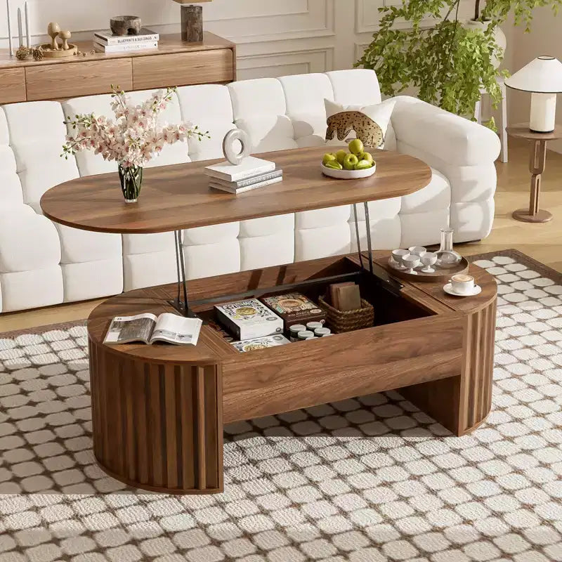Table basse relevable de 120 cm, table centrale ovale en bois avec rangement caché, table basse moderne pour salon, chambre, bureau