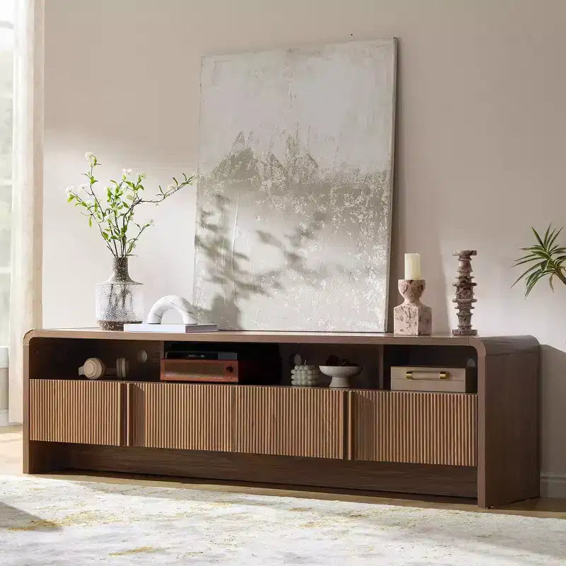 Meuble TV moderne AMERLIFE 70 avec design cannelé et armoires de rangement, pour téléviseurs jusqu'à 80 pouces, meuble TV en bois pour salon